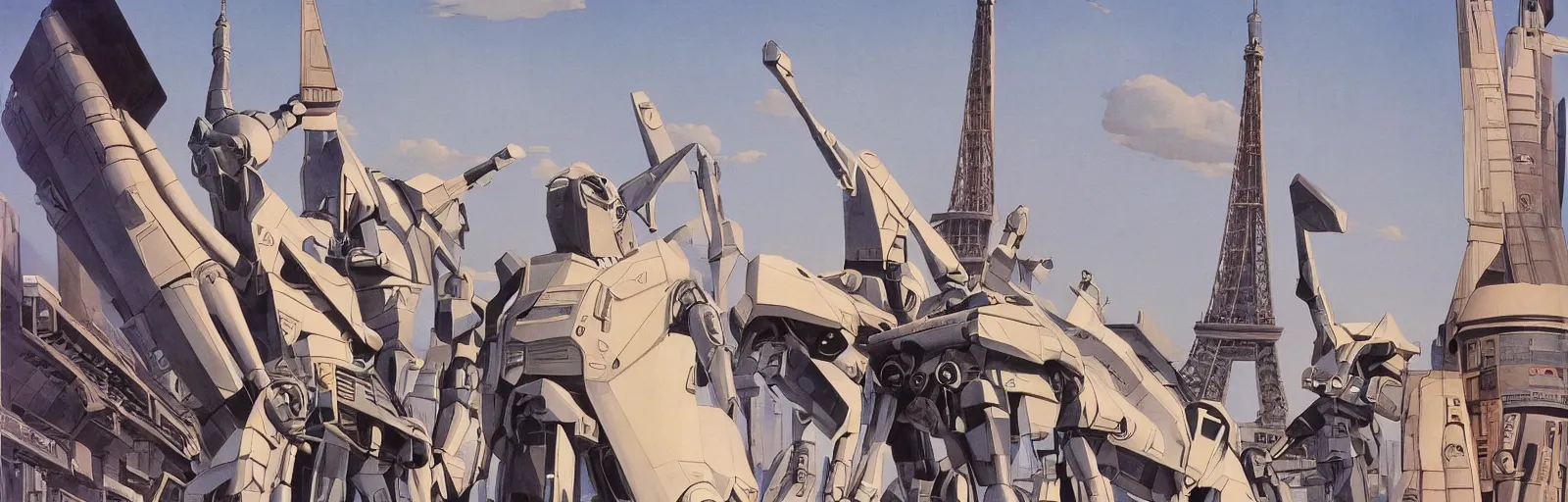 Image similar to ralph mcquarrie art from the 1969 movie MECHA-CONCORDE vs ROBO-EIFFEL the giant humanoid Eiffel Tower battles the swan-like superplane above the streets of paris-futur - starring ALAIN DELON and Simon Cowell- art direction by moebius hq production still technicolor