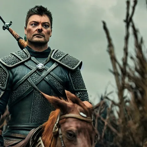 Prompt: karl urban as the witcher, 4 k, epic, cinematic, focus, movie still, fantasy, serious, extreme detail, atmospheric, dark colour