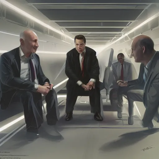 Prompt: illustration of a meeting between elon musk, mark zuckenberg, jeff bezos, very clear face, high quality, very detailled, by artgem, by david rutkowski, greg ruthowski, ruan jia