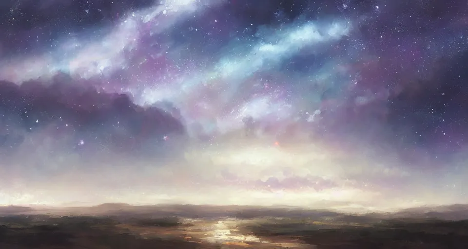 Prompt: stunning landscape with sky full of galaxies by krenz cushart