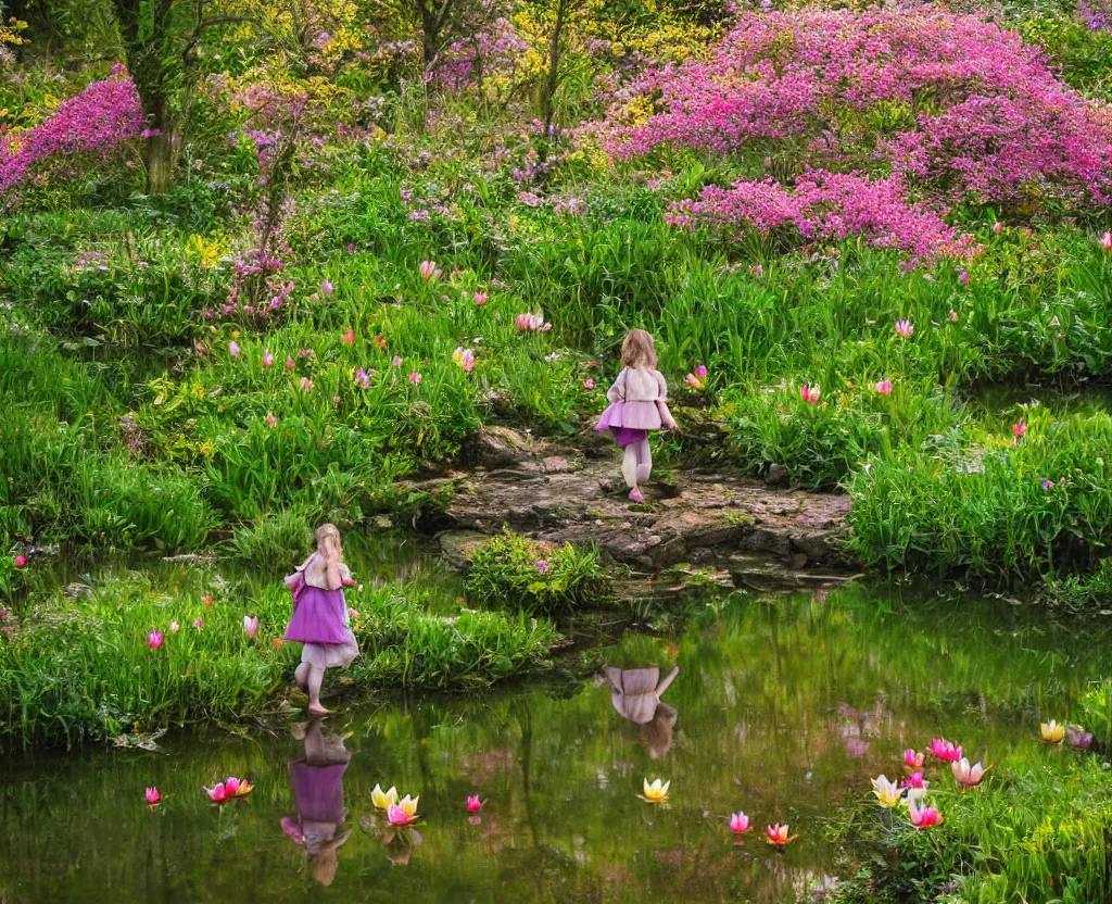 Image similar to a hobbit girl backlit carrying flowers near a mirror like pond, by martin parr, colorful clothing, springtime flowers and foliage in full bloom, lotus flowers on the water, dark foggy forest background, sunlight filtering through the trees, 3 5 mm photography