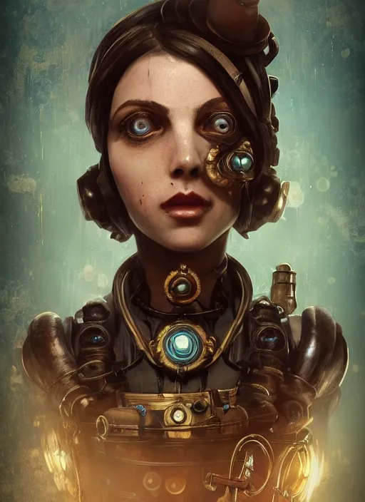 Image similar to Bioshock steampunk biopunk portrait, au naturel, hyper detailed, digital art, trending in artstation, cinematic lighting, studio quality, smooth render, unreal engine 5 rendered, octane rendered, art style by klimt and nixeu and ian sprigger and wlop and krenz cushart