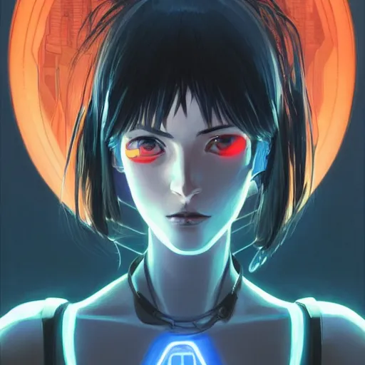 Prompt: A beautiful cyborg woman with glowing eyes || VERY ANIME, fine-face, realistic shaded perfect face, fine details. Anime. realistic shaded lighting poster by Ilya Kuvshinov katsuhiro otomo ghost-in-the-shell, magali villeneuve, artgerm, Jeremy Lipkin and Michael Garmash, Rob Rey and Kentarõ Miura, trending on art station