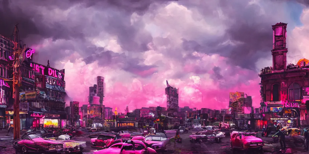 Prompt: oil painting, a lot of punks, pink, rich deep colors masterpiece, neon, ultra detailed, contrast, heaven pink, lots of roman arches, punk rock with mohawks, clouds, sky, volumetric light, atmospheric lighting, dramatic, cinematic, moody, octane render 4 k, 8 k