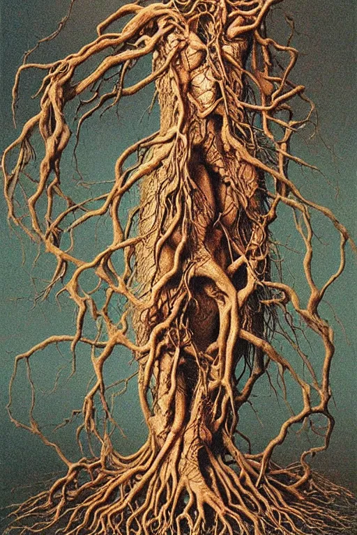 Image similar to zdzisław beksinski painting. tangling tree restraining a woman, highly detailed, many roots, disturbing, unsettling, intricate, beautiful