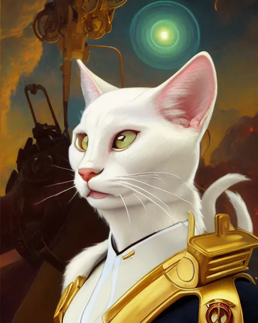 Prompt: painting of anthromorphic male white cat wearing starfleet uniforms, zootopia, fursona, furaffinity, 4 k, deviantart, furry art, very expressive detailed feminine face, gaston bussiere, craig mullins, jc leyendecker, gustav klimt, artgerm, greg rutkowski, alphonse mucha