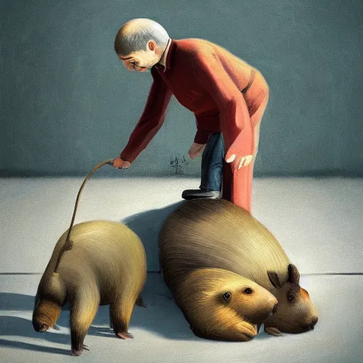 Image similar to an epic painting of vladimir lenin petting capybara, oil on canvas, perfect composition, golden ratio, beautiful detailed, photorealistic, digital painting, concept art, smooth, sharp focus, illustration, artstation trending, octane render, unreal engine, anime style, ghibli studio