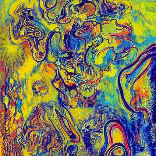 Image similar to sharpen trippy acid lakes, beautiful painting by Affandi