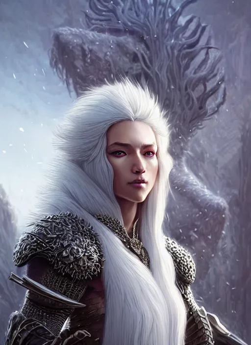 Image similar to fur coated armor!!! long wild white hair!! covered chest!!! fantasy, d & d, intricate ornate details, symmetry, concept art, sharp focus, illustration, art by artgerm! greg rutkowski magali villeneuve wlop! ilya kuvshinov!!, octane render, unreal engine 5, highly rendered!!