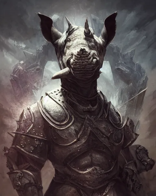 Image similar to Rhino, Anthropomorphized, as warlord general on skull throne, magic the gathering artwork, D&D, fantasy, cinematic lighting, centered, symmetrical, highly detailed, digital painting, artstation, concept art, smooth, sharp focus, illustration, volumetric lighting, epic Composition, 8k, art by Akihiko Yoshida and Greg Rutkowski and Craig Mullins, heroic pose, oil painting, cgsociety, Battlefield background, explosions, arrows