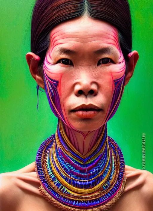 Image similar to portrait of catriona balfe, hyper detailed ultra sharp kayan people ( myanmar ) long - neck woman. trending on artstation, warpaint aesthetic, colorful, psychedelic, ornate, intricate, digital painting, concept art, smooth, sharp focus, illustration, art by artgerm and greg rutkowski and h. r. giger, 8 k