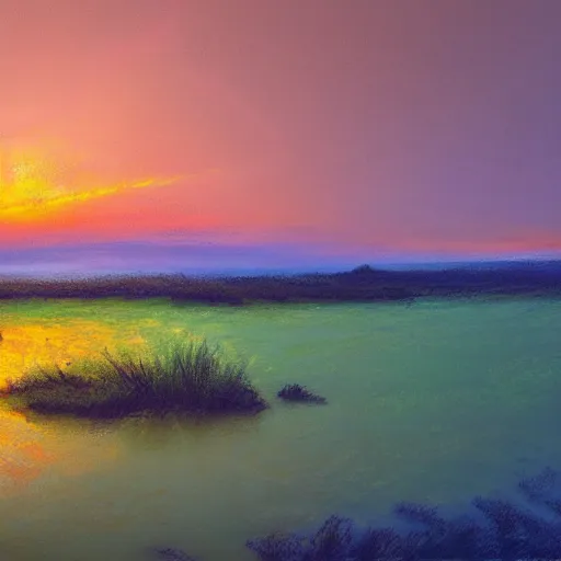 Prompt: Nature, photorealistic, image, 4k, landscape,sunset,water, detailed, stylized, loose, brush, strokes, pastel