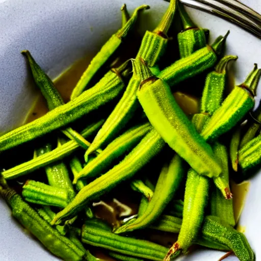 Image similar to a dish of okra veg with green stalky oprah winfrey's face