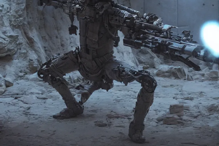 Image similar to vfx movie, sci - fi super soldier in worn military futuristic armor, leaping with futuristic rifle in alien technology temple, by emmanuel lubezki