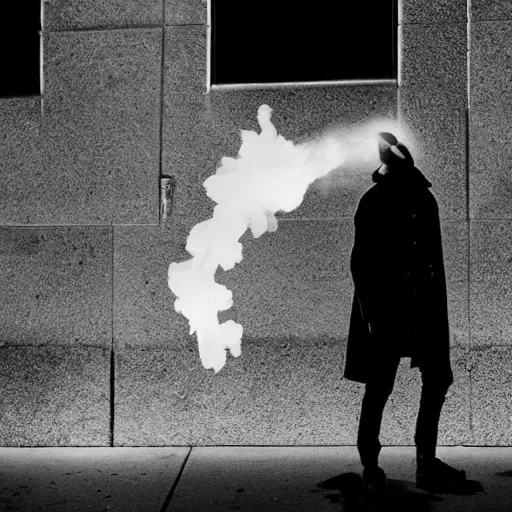 Prompt: a ghost smoking a cigarette on NYC sidewalk, city lights, spooky Halloween fun, trending on artstation, 8k, 4k, volumetric lighting, by Alistair Sinclair (2022), hd