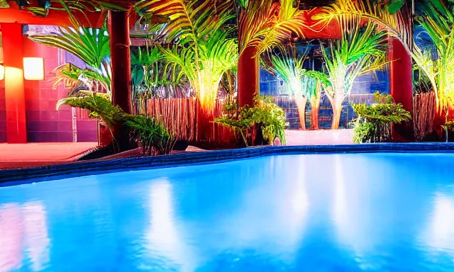 Prompt: indoor pool with ferns and palm trees at night, shops, pool tubes, chromatic abberation, dramatic lighting, depth of field, 80s photo