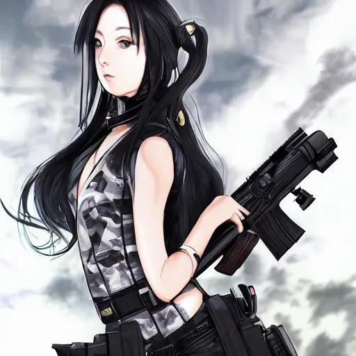 Image similar to upper body portrait of a beautiful girl with long black hair, wearing black riot gear, holding AR-15, drawn by WLOP, by Avetetsuya Studios, attractive character, colored sketch anime manga panel, trending on Artstation