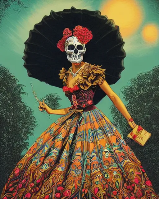 Prompt: a beautiful fancy skull lady by dan mumford and gil elvgren, folklorico