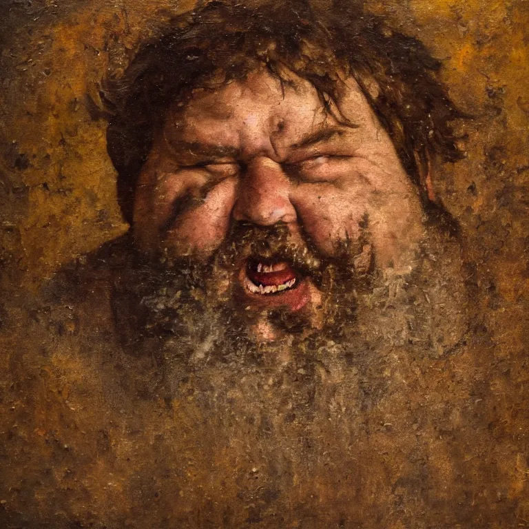 Image similar to Antique tintype of Beautiful warmly lit close up expressionistic studio portrait of very angry! unattractive chubby man with a stubbly beard singing angrily!, impasto oil painting heavy brushstrokes by Cy Twombly and Anselm Kiefer , trending on artstation dramatic lighting abstract Expressionism