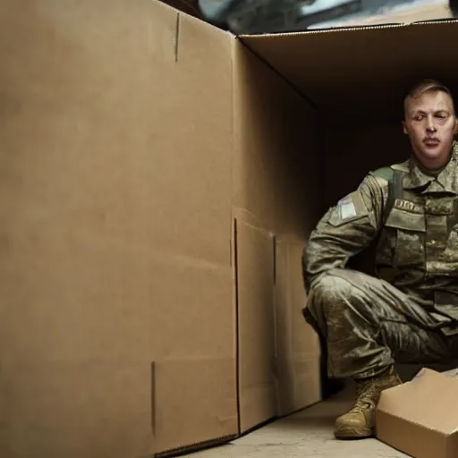 Image similar to an soldier hiding under cardboard box, in middle of war, cinematic