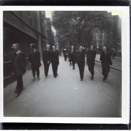 Image similar to wide-shot low angle of invisible people in formal suits walking down the Night Vale street, polaroid photo, by Andy Warhol