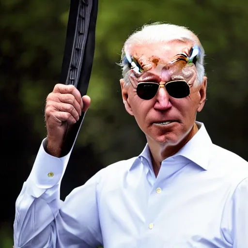 Image similar to Joe Biden holding a katana preparing for battle, full body pose, AP photography