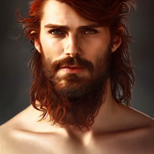 Image similar to portrait of a young ruggedly handsome but charming pirate, male, masculine, upper body, red hair, long hair, d & d, fantasy, full lips, intricate, elegant, highly detailed, digital painting, artstation, concept art, matte, sharp focus, illustration, art by artgerm and greg rutkowski and alphonse mucha