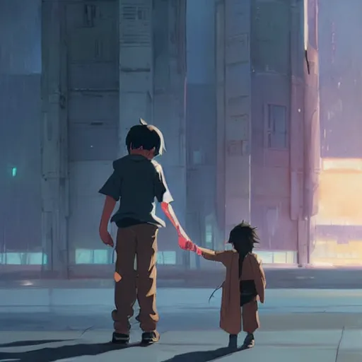 Prompt: a little boy holding hands with an enormous robot. detailed. by makoto shinkai. krzysztof maziarz. greg rutkowski