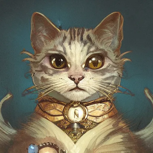 Image similar to A heraldic prince kitty cat with big cute eyes, D&D, fantasy, intricate, cinematic lighting, highly detailed, digital painting, artstation, concept art, smooth, sharp focus, illustration, art by Akihiko Yoshida, Greg Rutkowski and Alphonse Mucha