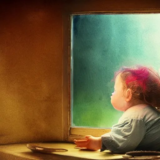 Image similar to the same style. the most beautiful little fat sweet girl is kissing a huge colorful cute fish. modern etching. colored print. hype realistic scene. old photography style. studio lighting. window. 3 d, octane render, deep focus, zbrush. white scene. unreal engine. watercolor