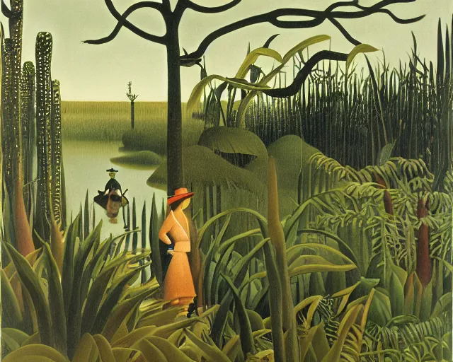 Image similar to snake oil researcher traversing the swamps of Formosa, painting by Henri Rousseau