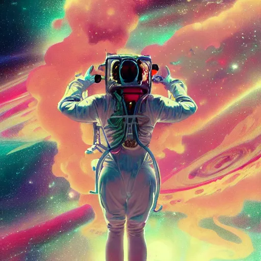 Prompt: over the cloud there is a cosmic girl, she isColorful astronaut, flowing robe, floating , colorful nebula, derelict space ship, science fiction spaceman, space, futuristic spacesuit, cover art, cinematic, highly detailed, strong line work, Alphonse Mucha, John Harris, 4k render, 4k post, hyper detailed