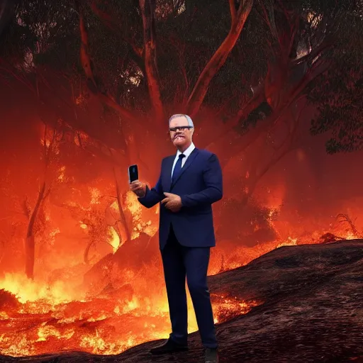 Prompt: Prime Minister Scott Morrison selfie by a bush fire, cinematic, hyper realism, high detail, vivid colors, octane render, unreal engine, 8k