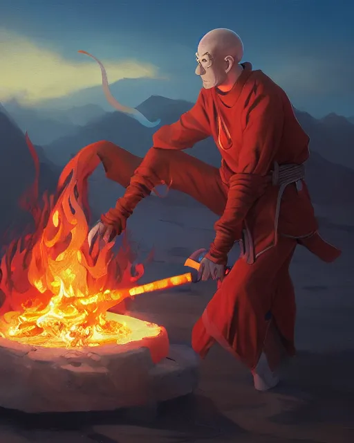 Image similar to [ squidward ] wearing fire nation clothing and practicing firebending outside at susnset, oil painting, highly [ detailed ], intricate, hd, sharp focus, photorealistic, by moebius and greg rutkowski, trending on artstation, trending on cgsociety, realistic shading and lighting