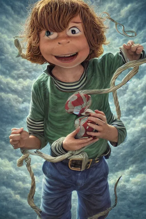 Image similar to Peppermint Patty from Charlie Brown, by tomasz alen kopera and Justin Gerard, smiling, green striped shirt, football, symmetrical features, ominous, magical realism, texture, intricate, ornate, royally decorated, whirling blue smoke, embers, radiant colors, fantasy, trending on artstation, volumetric lighting, micro details, 3d sculpture, ray tracing, 8k, anaglyph effect