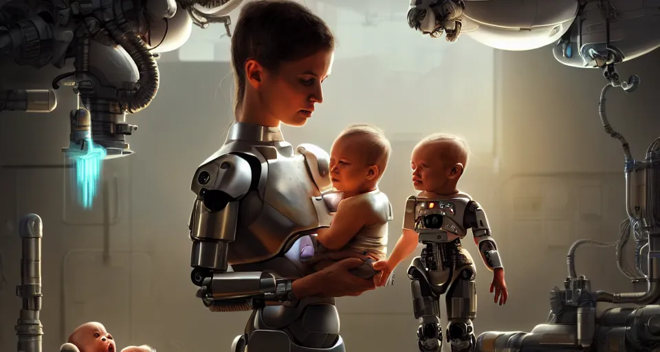 Prompt: a very realistic movie still of a cyborg woman holding a little cyborg kid baby in a cyborg factory, highly detailed render by beeple, syd meade, starwars, space art concept, sci - fi, digital art, unreal engine, wlop, trending on artstation, 4 k uhd image, octane render