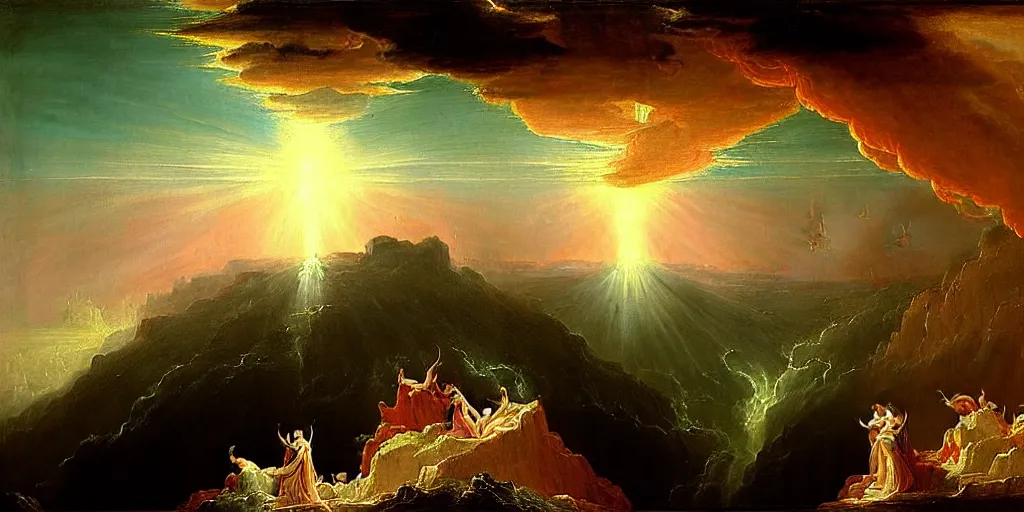 Image similar to heaven and hell painted by thomas cole