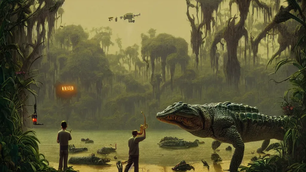 Image similar to a man with the head of an alligator holding a saxaphone, intricate, detailed, volumetric lighting, sharp focus, scenery, photorealism, digital painting, highly detailed, concept art, by roger dean and simon stalenhag and mark brooks