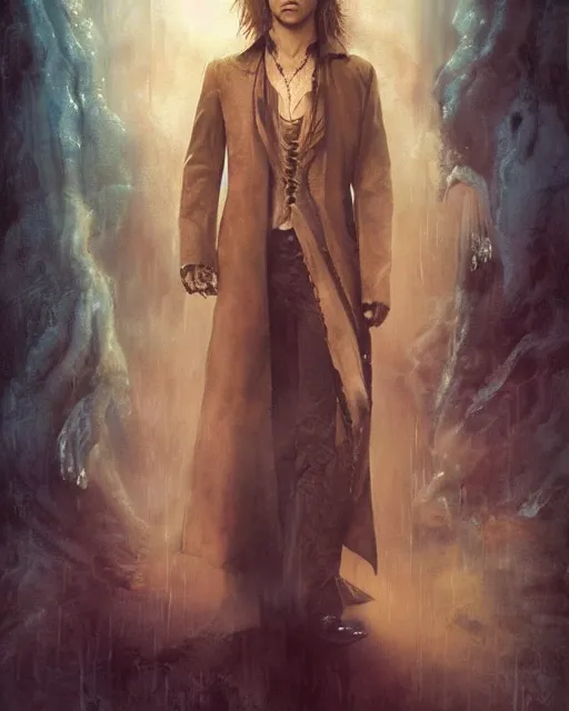 Image similar to alternate cover art for the movie interview with a vampire starring a long haired blonde tom cruise as lestat de lioncourt portrait, face centered portrait, confident, unused design, nightmare world, fog, rain, volumetric lighting, realistic illustration, perfectly shaded, soft painting, art by krenz cushart and wenjun lin