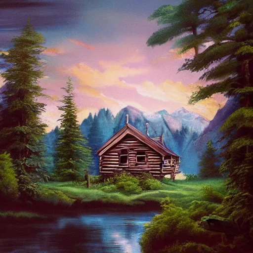 Image similar to a painting of a cabin in the woods, an airbrush painting by bob ross, deviantart, american scene painting, matte drawing, bob ross, matte painting