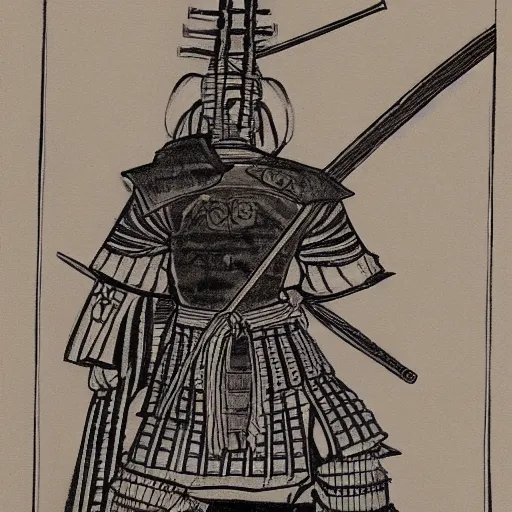 Prompt: A FULL BODY PORTRAIT FROM BEHIND OF A SAMURAI WITH A KATANA AND A CHAIN , ink style , sketch