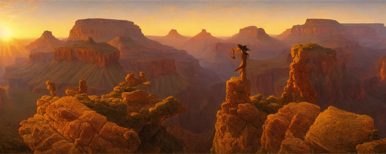 Image similar to romantic painting, wide shot of snuffleupagus in front of a the grand canyon at sunrise, highly detailed, sublime, hyperrealistic, painted by caspar david friedrich and albert bierstadt, trending on artstation 8 k