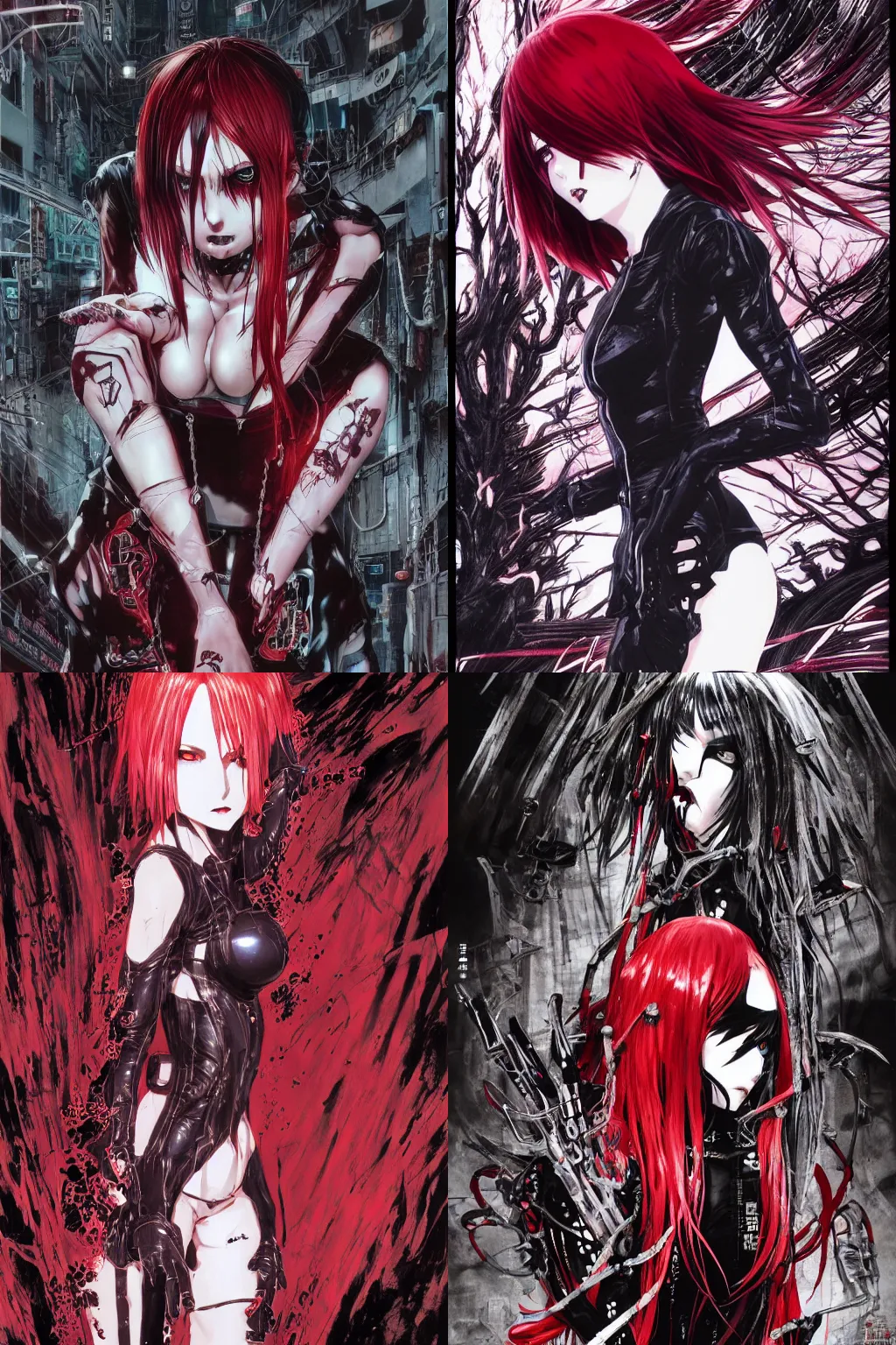 Prompt: highly detailed professional seinen manga cover art of goth woman with red hair, red eyes, leather clothes, black makeup. chunibyo. horror action cyberpunk action manga cover promotional art. detailed intricate environment. pencils by ilya kuvshinov, painted by zdzislaw beksinski, inks & layouts by tsutomu nihei. blame!