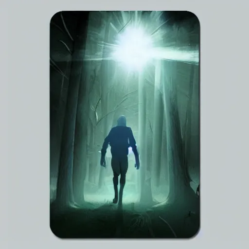 Image similar to a dirty lost person is following a floating blue glowing ball of light through a foggy swamp , Eternal cardgame art style .