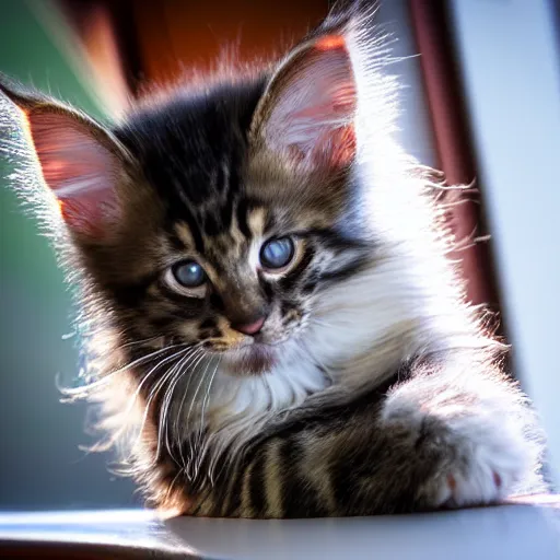 Image similar to medium - shot view from the back of a backlit maine coon kitten gazing out a window at flowers on a sunny day. 3 5 mm, f / 1 1. 0, iso 2 0 0, hdr