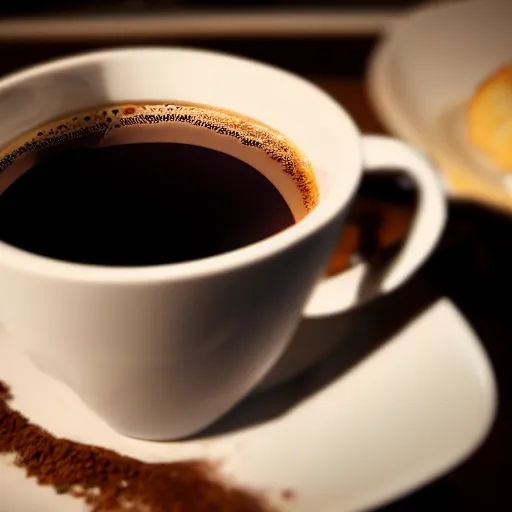 Image similar to realistic detailed photo of a steaming cup of coffee on a saucer with a flaky pastry on the side and a coffee spoon next to it on the table in a hotel lobby, liminal, hdr, volumetric lighting, dim light, diffuse light, depth of field