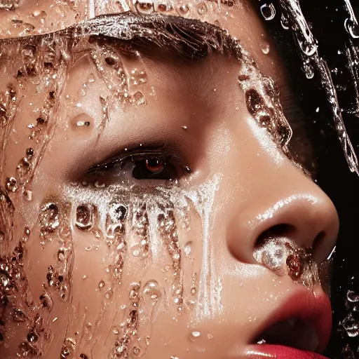 Image similar to close up of face of a wet fashion model in luxury dress, rainy, official dior editorial, highly detailed