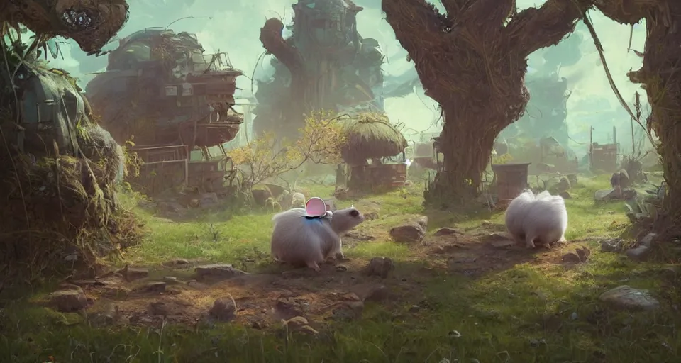 Image similar to a realistic cute guineapigs everywhere, by simon stalenhag, frank frazetta, greg rutkowski, beeple, yoko taro, christian macnevin, beeple, epic fantasy character art, volumetric outdoor lighting, midday, high fantasy, cgsociety, cheerful colours, full length, exquisite detail, post - processing, masterpiece, cinematic