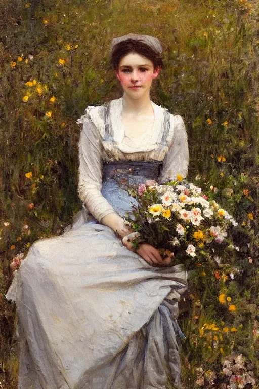 Prompt: Richard Schmid and Jeremy Lipking full length portrait painting of a young beautiful edwardian girl hold a large bouquet of flowers