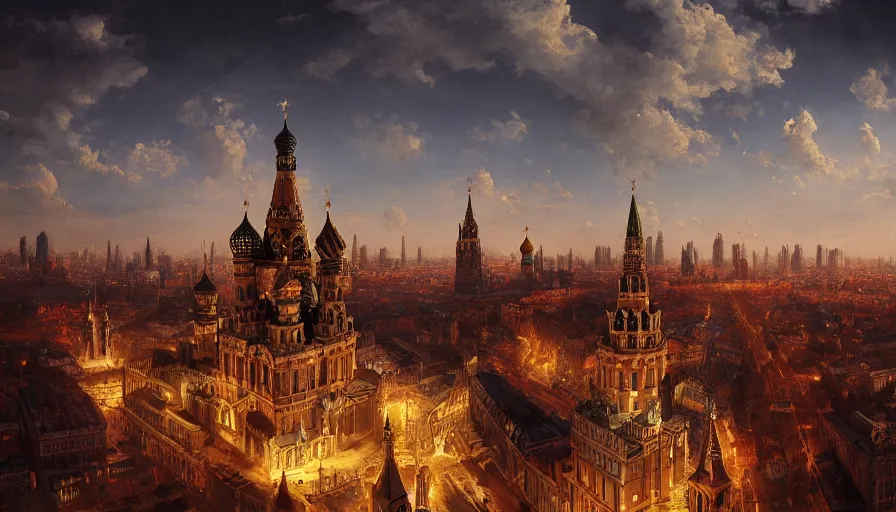 Image similar to Baroque painting of Neo-Gothic Moscow city, wide angle, volumetric light, artistic, hyperdetailed, artstation, cgsociety, 8k